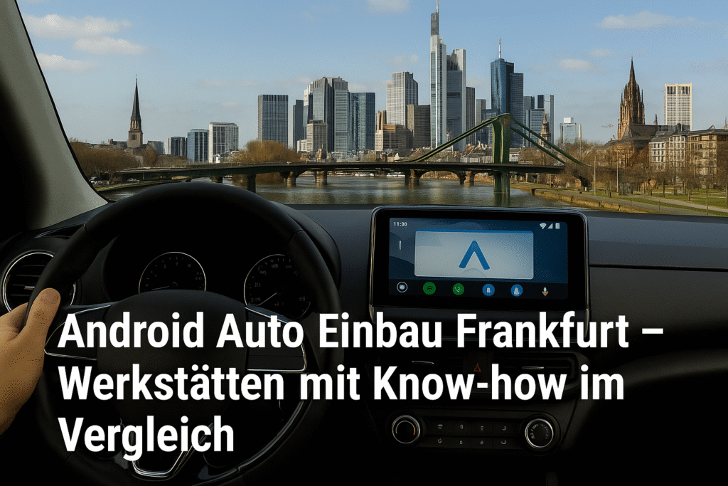 Fahrerblick auf die Skyline von Frankfurt mit Android Auto Display und Mainbrücke – Symbolbild für Android Auto Einbau Werkstätten in Frankfurt.