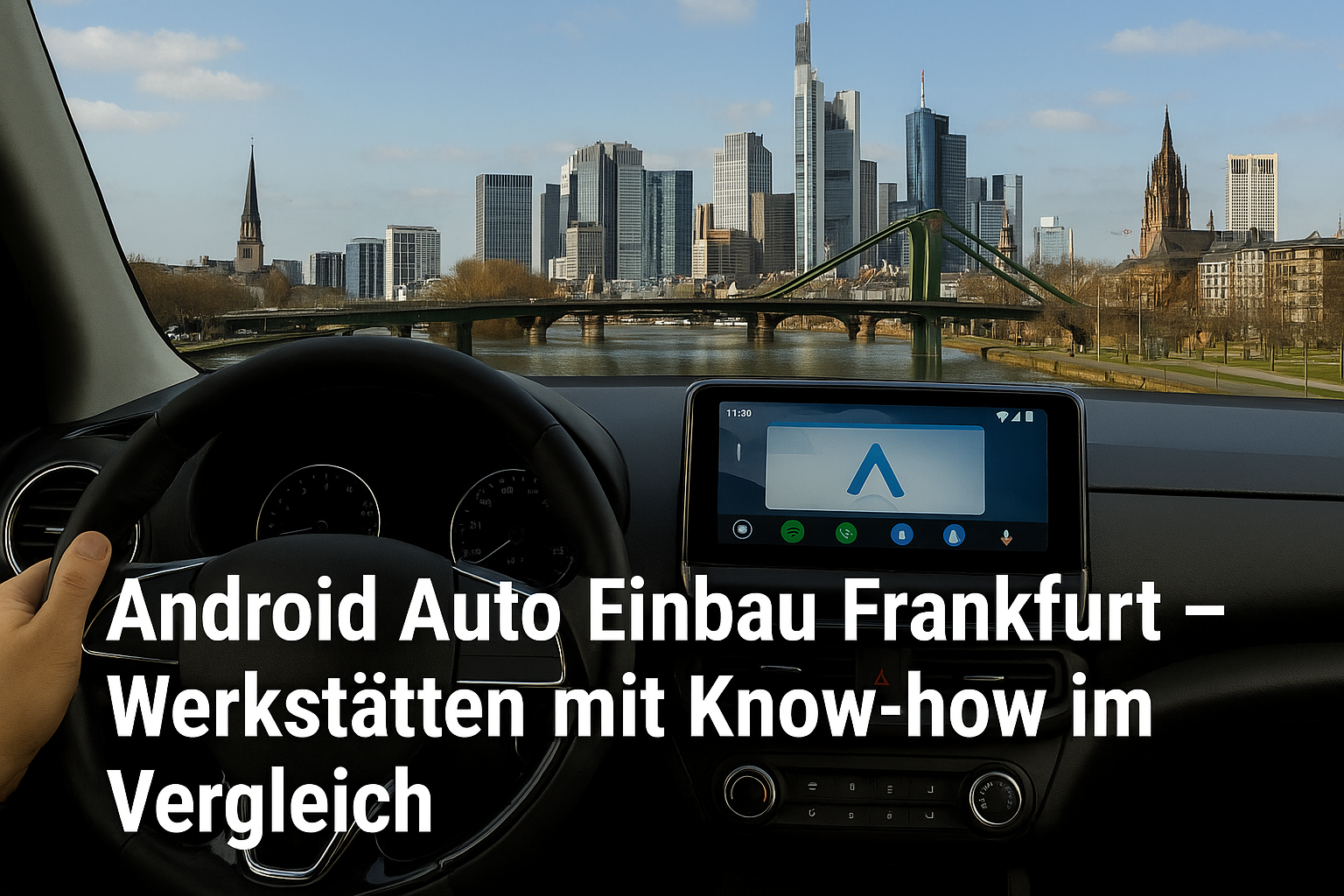 Fahrerblick auf die Skyline von Frankfurt mit Android Auto Display und Mainbrücke – Symbolbild für Android Auto Einbau Werkstätten in Frankfurt.