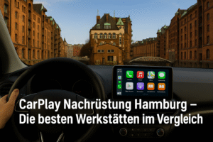 Fahrerblick auf die Speicherstadt in Hamburg mit Apple CarPlay Display – Symbolbild für CarPlay Nachrüstung in Hamburg.