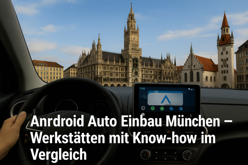 Fahrerblick auf das Neue Rathaus am Marienplatz in München mit Android Auto Display – Symbolbild für Android Auto Einbau Werkstätten in München.