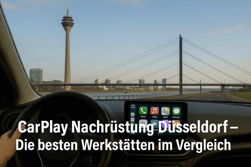 Fahrerblick über die Rheinkniebrücke auf den Rheinturm in Düsseldorf mit Apple CarPlay Display – Symbolbild für CarPlay Nachrüstung in Düsseldorf.
