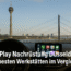 Fahrerblick über die Rheinkniebrücke auf den Rheinturm in Düsseldorf mit Apple CarPlay Display – Symbolbild für CarPlay Nachrüstung in Düsseldorf.