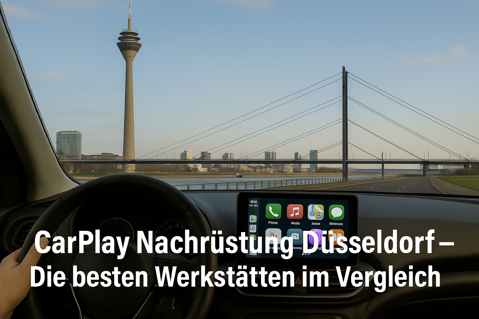 Fahrerblick über die Rheinkniebrücke auf den Rheinturm in Düsseldorf mit Apple CarPlay Display – Symbolbild für CarPlay Nachrüstung in Düsseldorf.