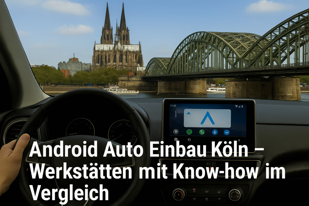 Blick aus einem Auto auf den Kölner Dom und die Hohenzollernbrücke mit Android Auto Display – Symbolbild für Android Auto Einbau Werkstätten in Köln.
