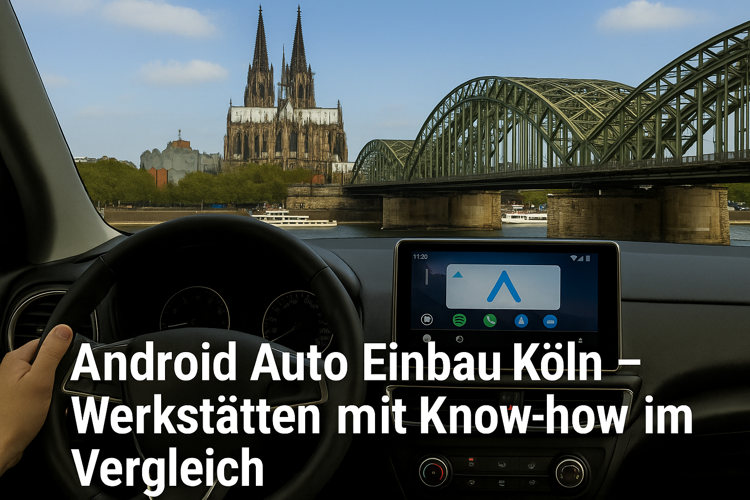 Blick aus einem Auto auf den Kölner Dom und die Hohenzollernbrücke mit Android Auto Display – Symbolbild für Android Auto Einbau Werkstätten in Köln.