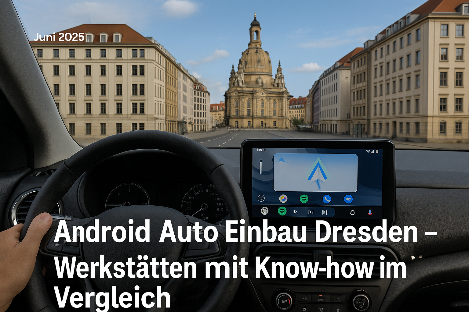 Android Auto Navigation auf einem Fahrzeugdisplay mit Blick auf die Dresdner Frauenkirche – Symbolbild für Nachrüstung, Technik und lokale Werkstätten.
