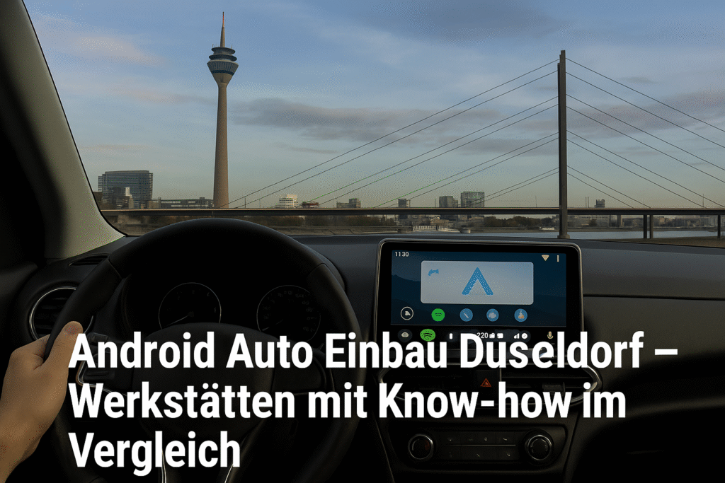 Fahrerblick auf den Rheinturm und die Rheinkniebrücke in Düsseldorf mit Android Auto Display – Symbolbild für Android Auto Einbau Werkstätten in Düsseldorf.