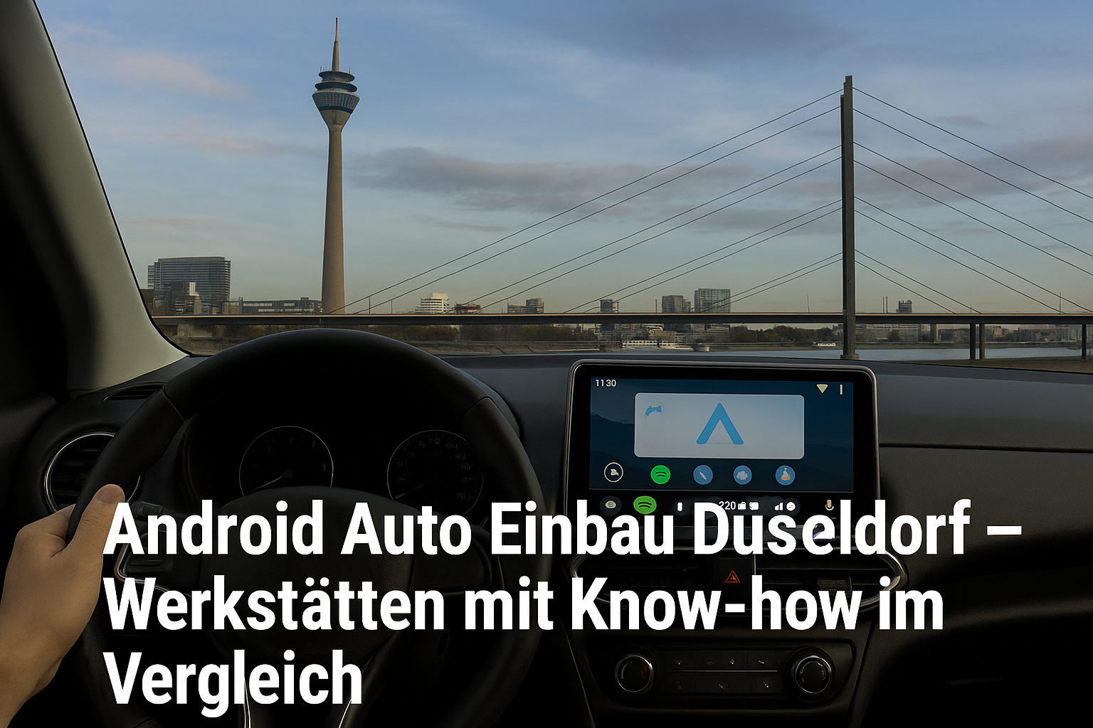 Fahrerblick auf den Rheinturm und die Rheinkniebrücke in Düsseldorf mit Android Auto Display – Symbolbild für Android Auto Einbau Werkstätten in Düsseldorf.