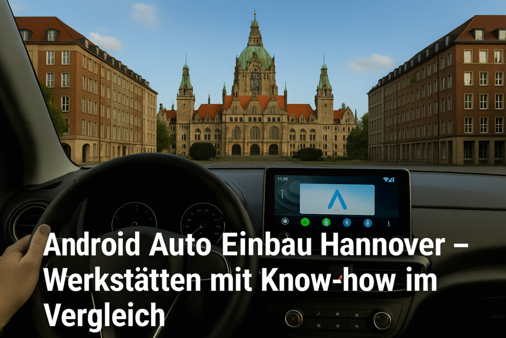 Innenansicht eines Autos mit Android Auto Display und Blick auf das Neue Rathaus in Hannover – Symbolbild für Android Auto Einbau Werkstätten in Hannover.