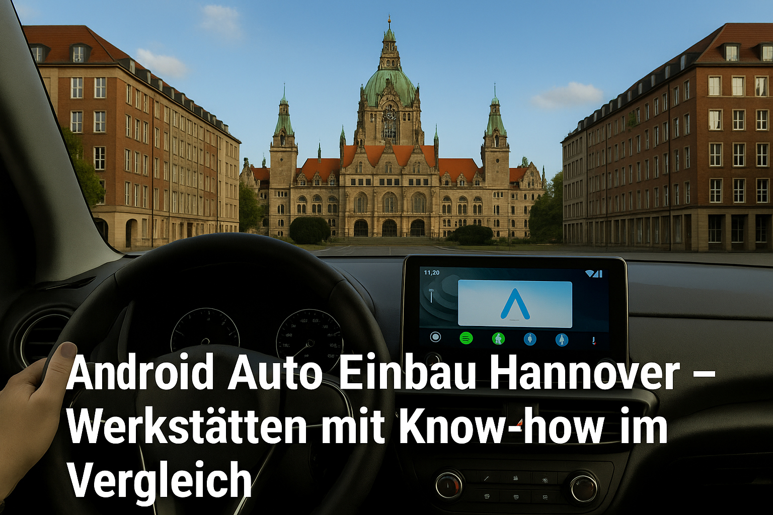 Innenansicht eines Autos mit Android Auto Display und Blick auf das Neue Rathaus in Hannover – Symbolbild für Android Auto Einbau Werkstätten in Hannover.
