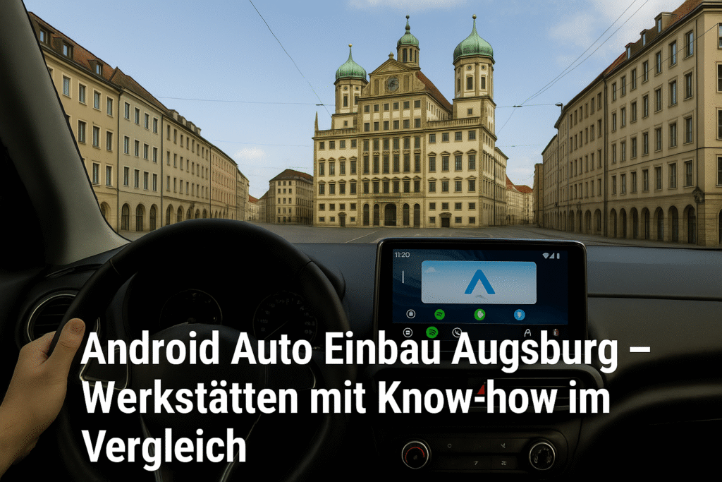 Fahrerblick auf das Augsburger Rathaus mit Android Auto Display – Symbolbild für Android Auto Einbau Werkstätten in Augsburg.