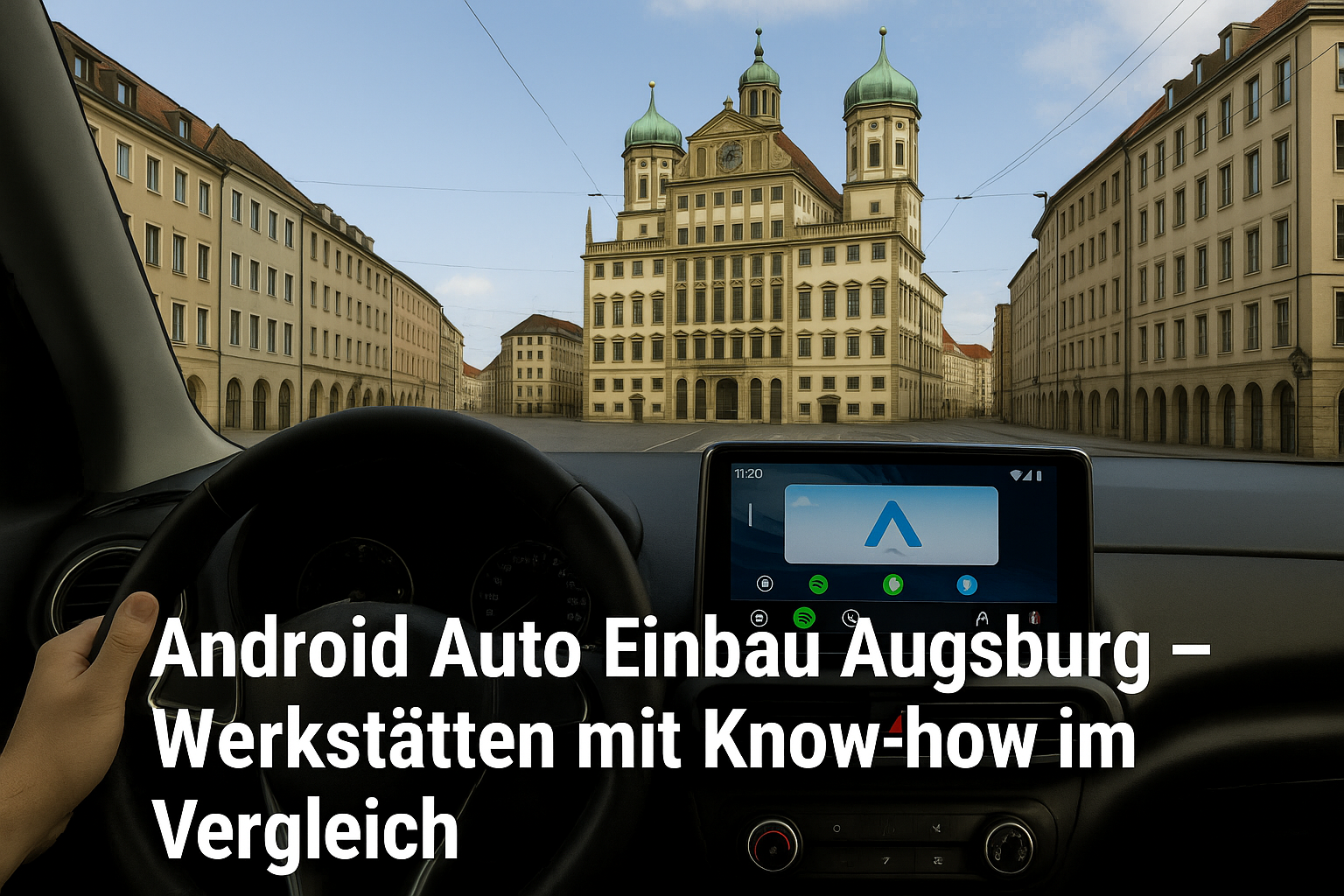 Fahrerblick auf das Augsburger Rathaus mit Android Auto Display – Symbolbild für Android Auto Einbau Werkstätten in Augsburg.