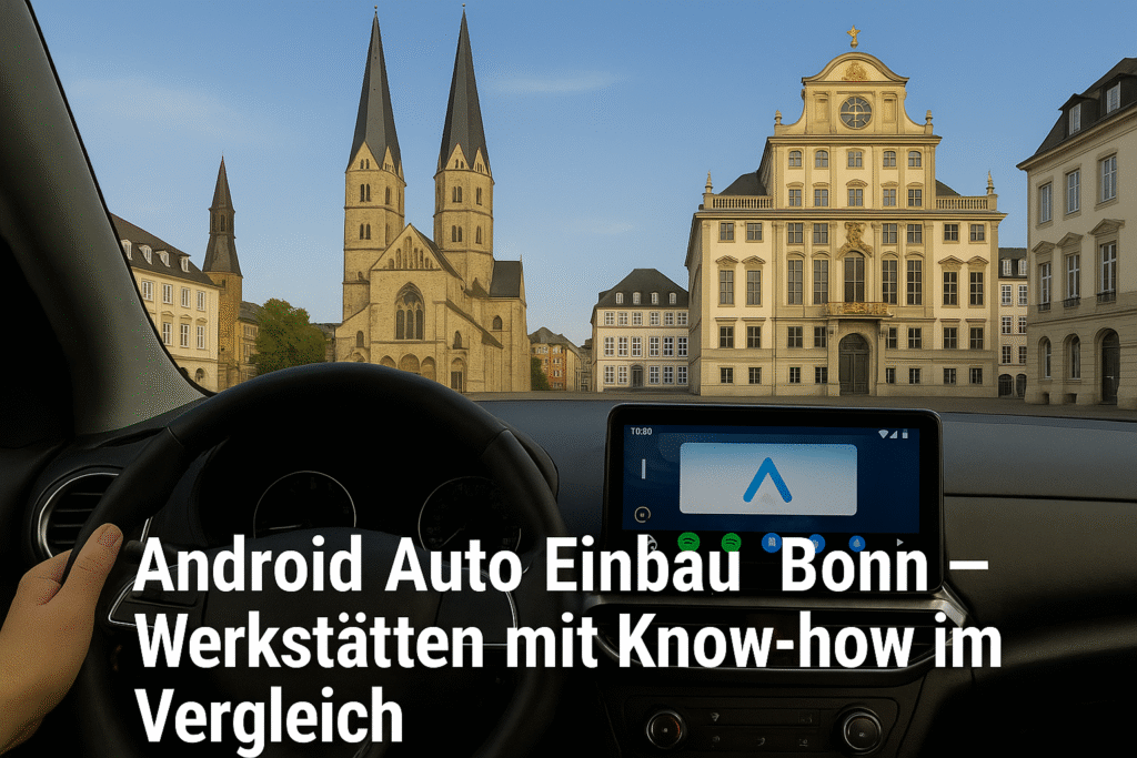 Fahrerblick auf das Alte Rathaus und das Bonner Münster mit Android Auto Display – Symbolbild für Android Auto Einbau Werkstätten in Bonn.