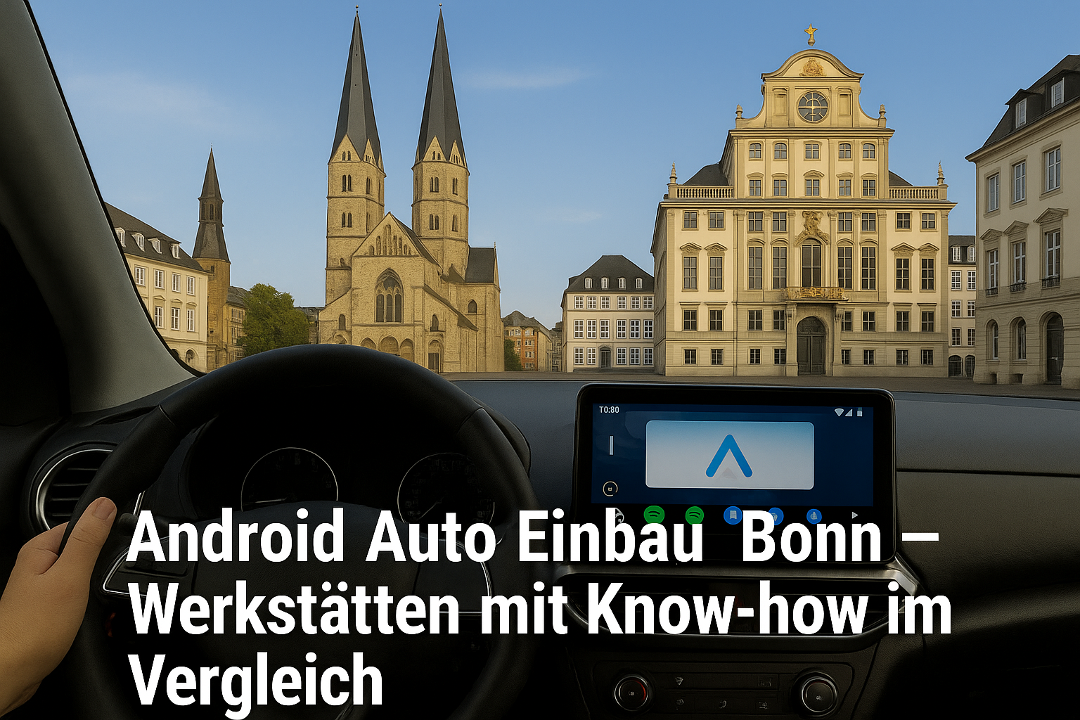 Fahrerblick auf das Alte Rathaus und das Bonner Münster mit Android Auto Display – Symbolbild für Android Auto Einbau Werkstätten in Bonn.