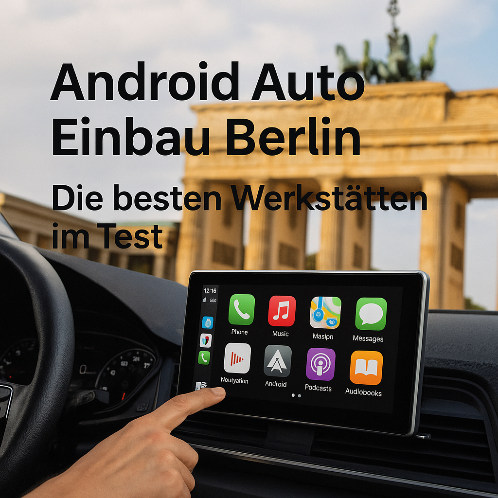 Android Auto Installation in einem Auto mit Blick auf das Brandenburger Tor in Berlin – Symbolbild für Technik und lokale Werkstätten.