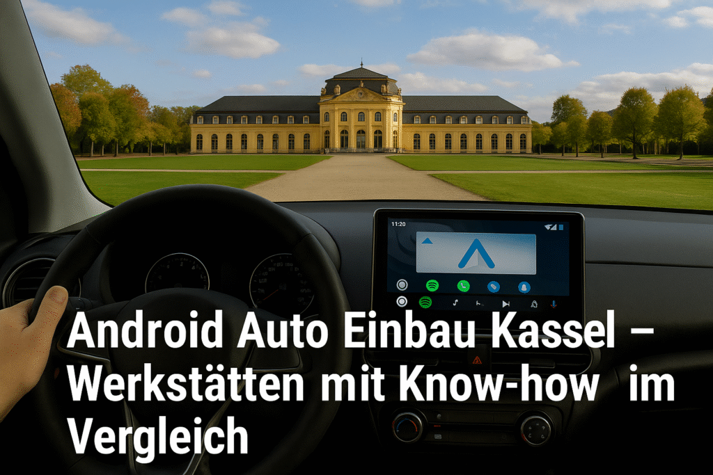 Blick aus einem Auto auf die Orangerie Kassel mit Android Auto Display – Symbolbild für Android Auto Einbau Werkstätten in Kassel.
