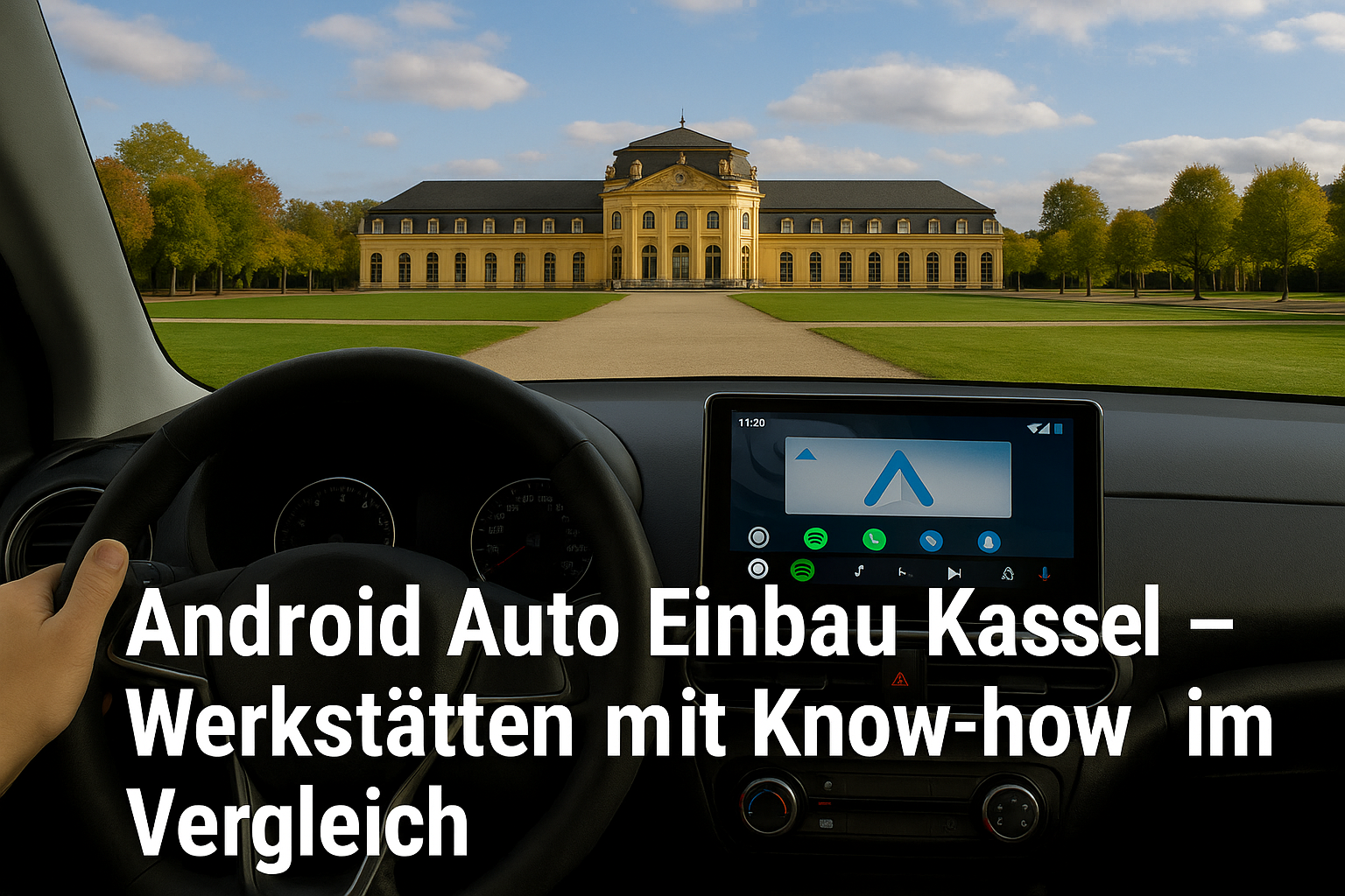 Blick aus einem Auto auf die Orangerie Kassel mit Android Auto Display – Symbolbild für Android Auto Einbau Werkstätten in Kassel.