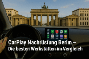 Fahrerblick auf das Brandenburger Tor in Berlin mit Apple CarPlay Display – Symbolbild für CarPlay Nachrüstung in Berlin.