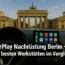 Fahrerblick auf das Brandenburger Tor in Berlin mit Apple CarPlay Display – Symbolbild für CarPlay Nachrüstung in Berlin.