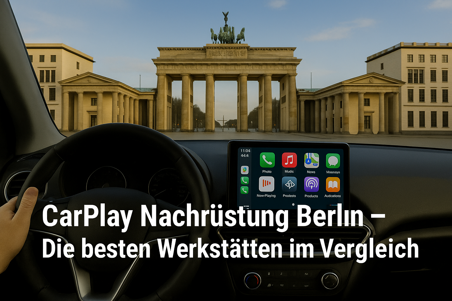 Fahrerblick auf das Brandenburger Tor in Berlin mit Apple CarPlay Display – Symbolbild für CarPlay Nachrüstung in Berlin.
