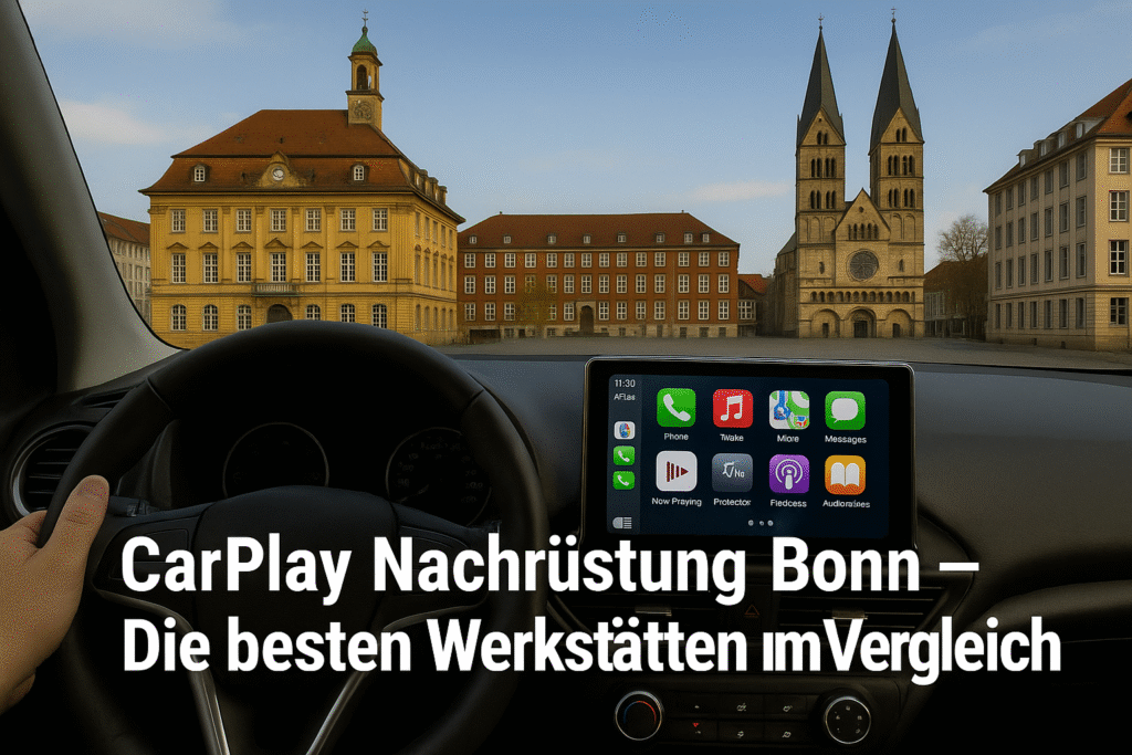 Fahrerblick in Bonn mit Apple CarPlay Display, im Hintergrund das Bonner Münster und das Alte Rathaus – Symbolbild für CarPlay Nachrüstung in Bonn.