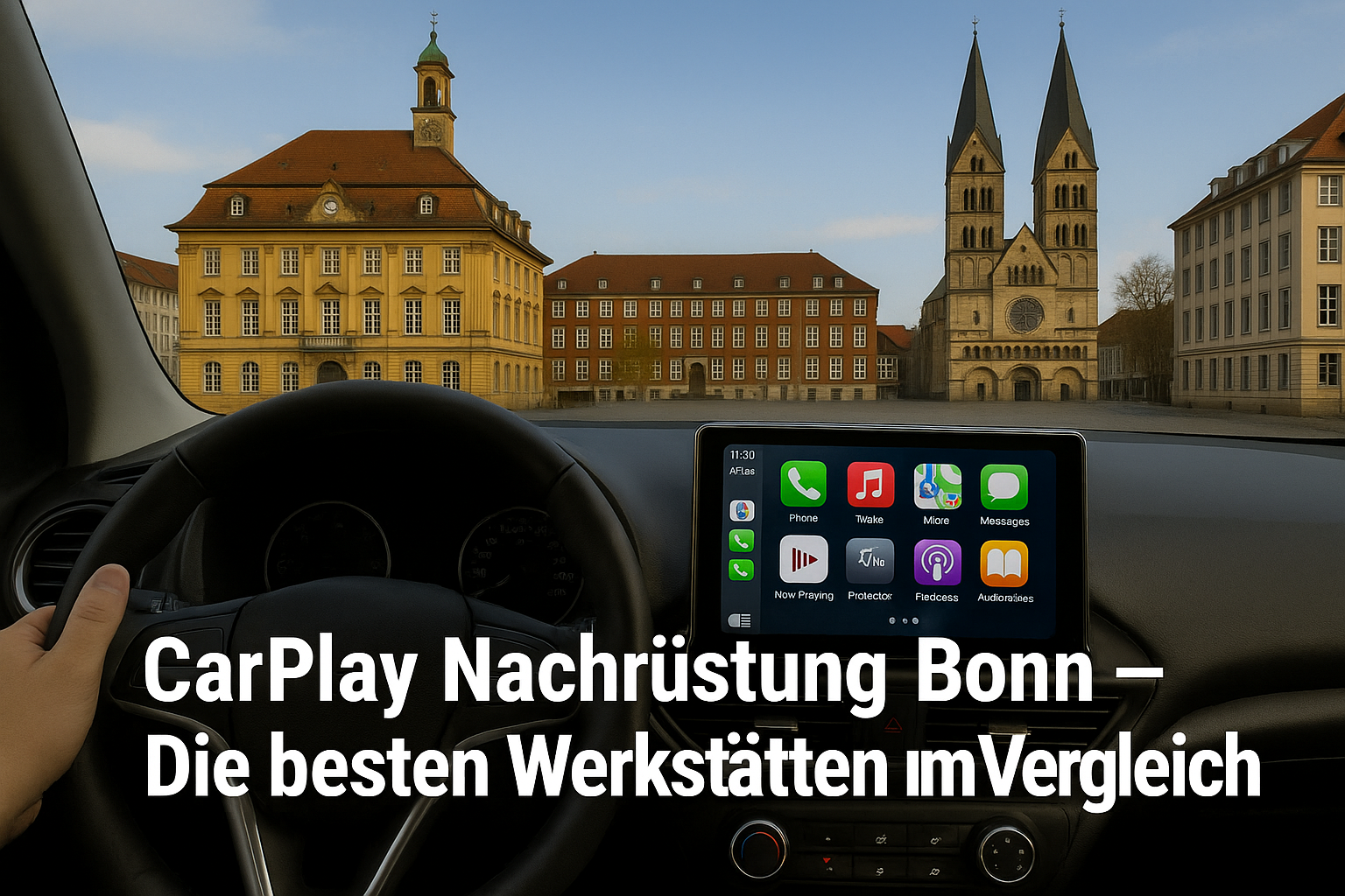 Fahrerblick in Bonn mit Apple CarPlay Display, im Hintergrund das Bonner Münster und das Alte Rathaus – Symbolbild für CarPlay Nachrüstung in Bonn.