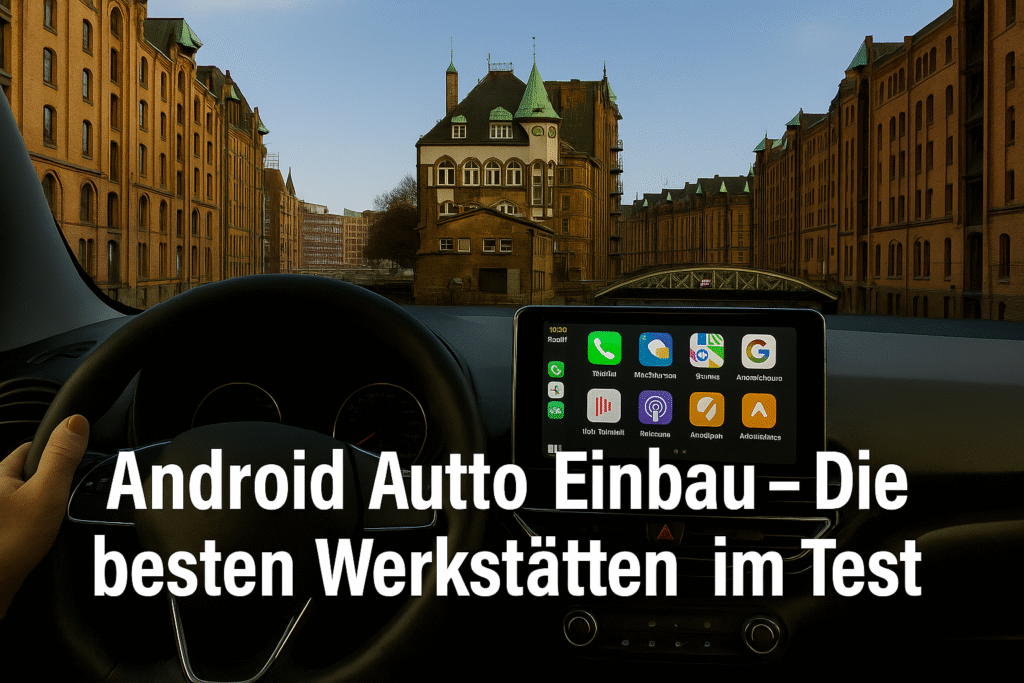 Innenansicht eines Autos mit Blick auf das CarPlay-Display und die Speicherstadt Hamburg im Hintergrund – Symbolbild für Android Auto und CarPlay Nachrüstung in Deutschland.