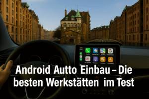 Innenansicht eines Autos mit Blick auf das CarPlay-Display und die Speicherstadt Hamburg im Hintergrund – Symbolbild für Android Auto und CarPlay Nachrüstung in Deutschland.