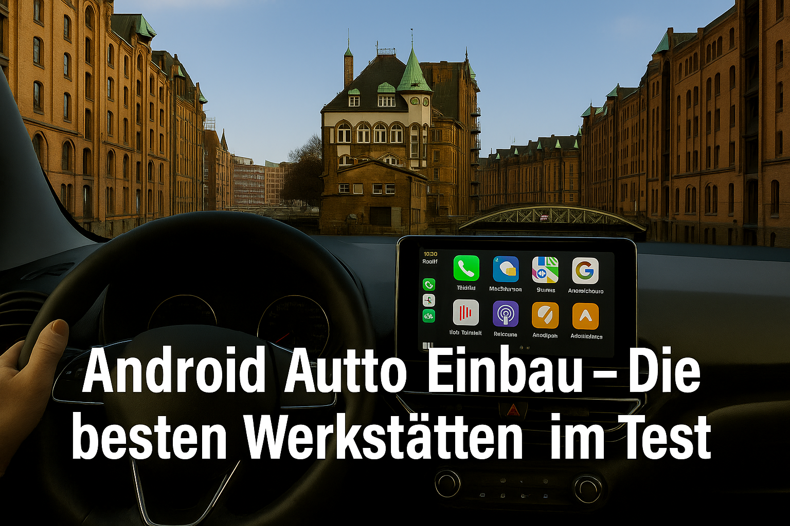 Innenansicht eines Autos mit Blick auf das CarPlay-Display und die Speicherstadt Hamburg im Hintergrund – Symbolbild für Android Auto und CarPlay Nachrüstung in Deutschland.