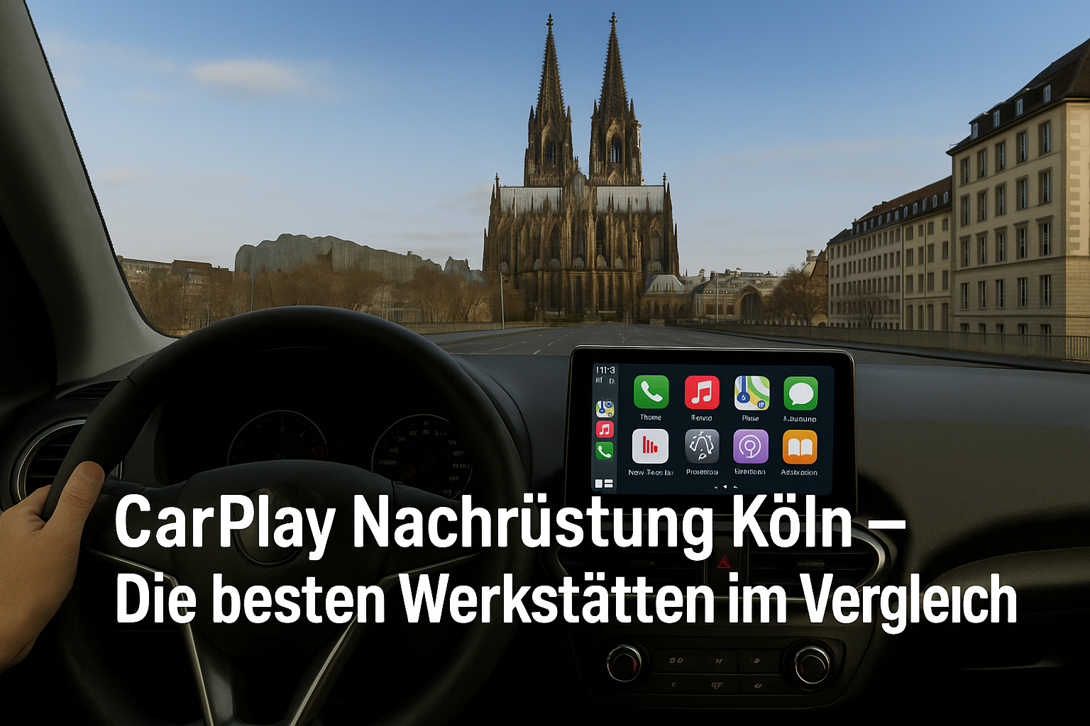Fahrerblick auf den Kölner Dom mit Apple CarPlay Display – Symbolbild für CarPlay Nachrüstung in Köln.