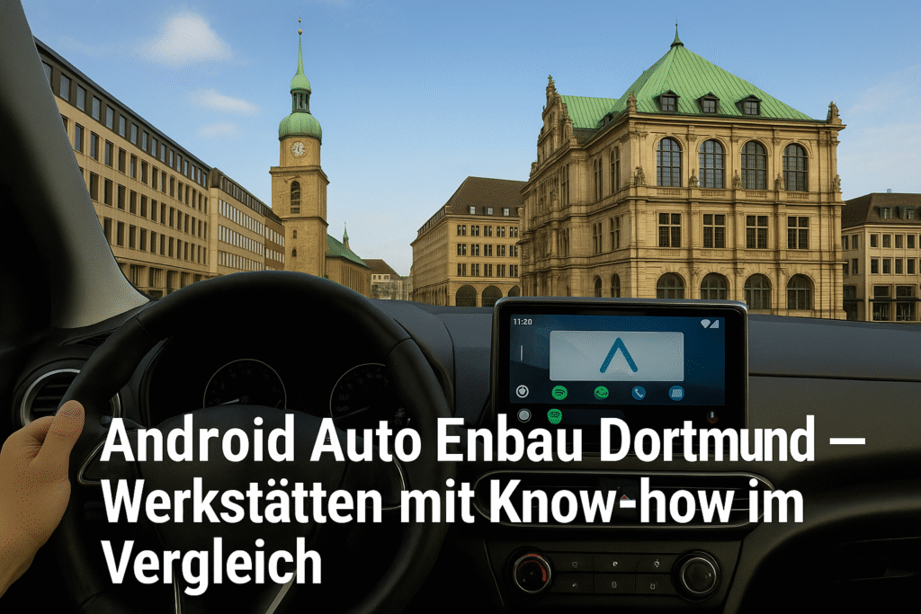 Fahrerblick auf das Alte Rathaus und die Reinoldikirche in Dortmund mit Android Auto Display – Symbolbild für Android Auto Einbau Werkstätten in Dortmund.