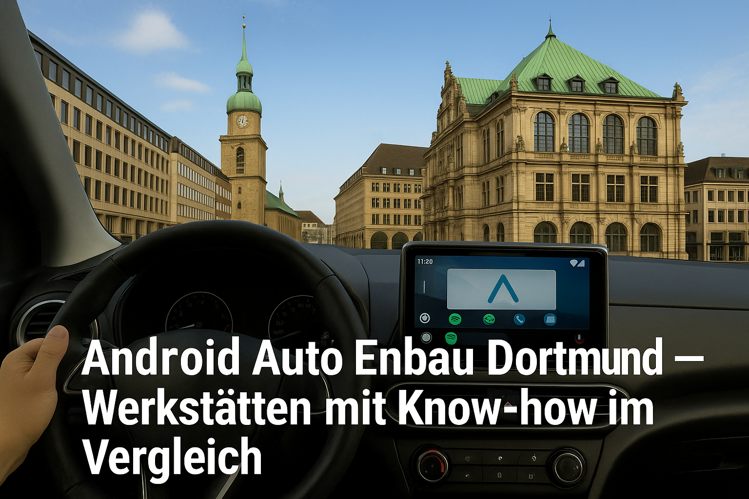 Fahrerblick auf das Alte Rathaus und die Reinoldikirche in Dortmund mit Android Auto Display – Symbolbild für Android Auto Einbau Werkstätten in Dortmund.