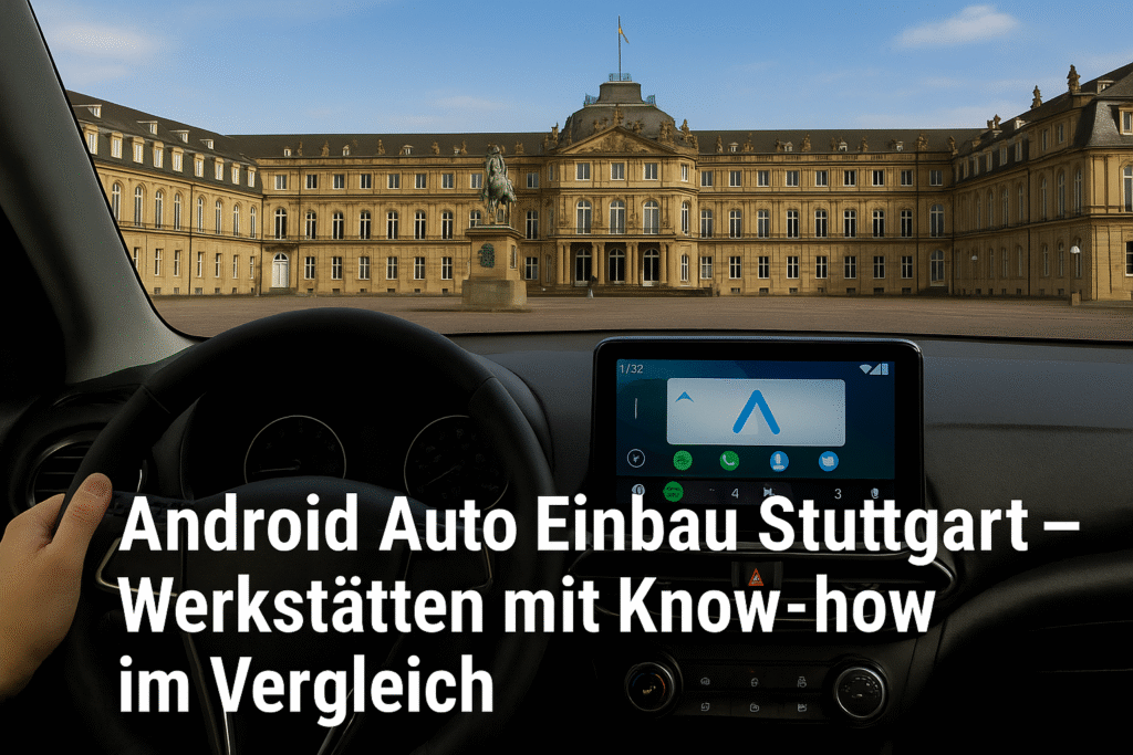 Fahrerblick auf das Neue Schloss in Stuttgart mit Android Auto Display – Symbolbild für Android Auto Einbau Werkstätten in Stuttgart.