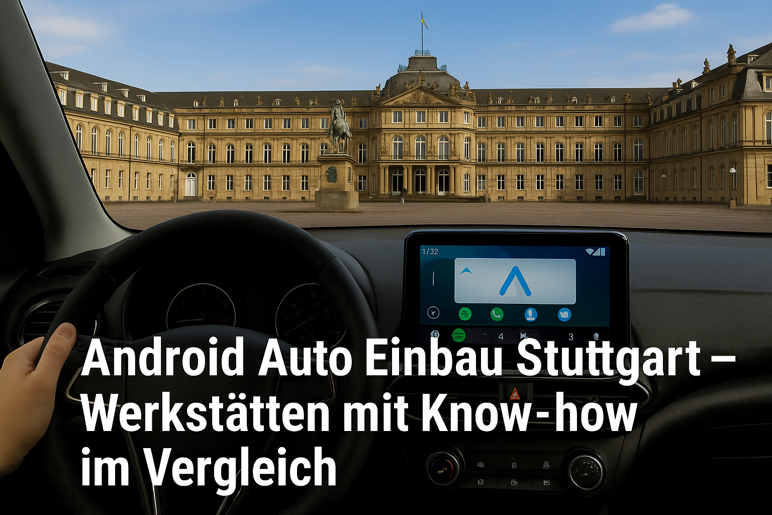 Fahrerblick auf das Neue Schloss in Stuttgart mit Android Auto Display – Symbolbild für Android Auto Einbau Werkstätten in Stuttgart.